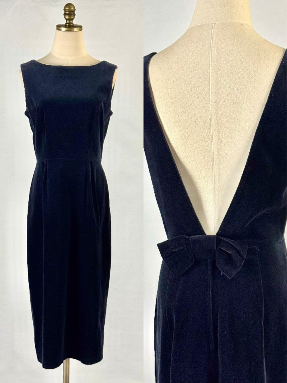 Vtg 60s Black Velvet Wiggle Dress Deep V Back Bow Sheath Cocktail Pencil Retro